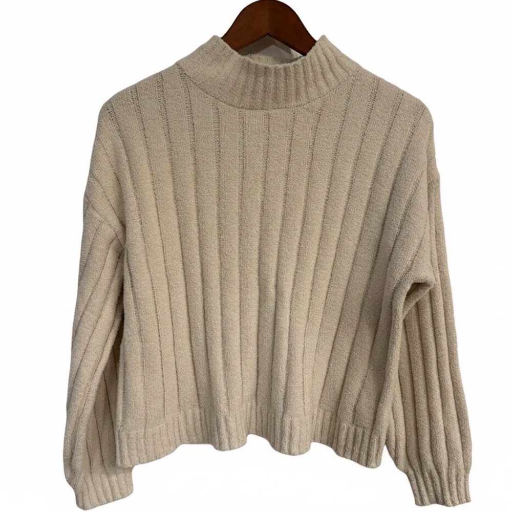 🔴 Pink Rose Fuzzy Ribbed Mock Neck Sweater Cropped Pullover Knit Cream Ivory M - Picture 1 of 6